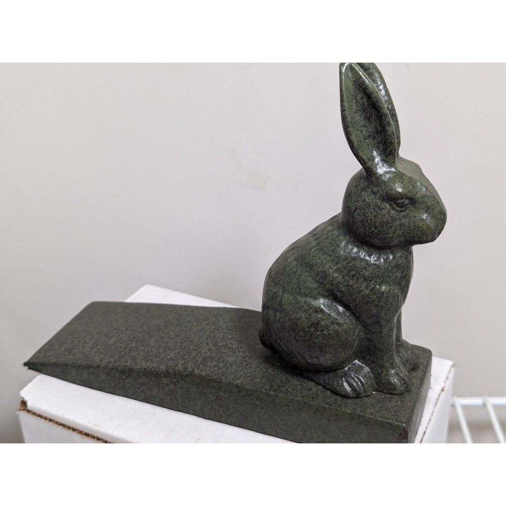 Bunny Rabbit Doorstop Wedge Cast Iron Rustic Antique Turquoise Garden Decor - Picture 3 of 6